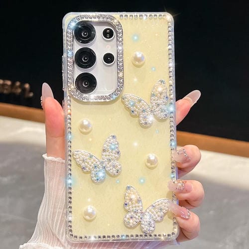 Funda para Samsung Galaxy S23 Ultra 5G con diseño de mariposa, con purpurina y diamantes, a prueba de golpes en cuatro esquinas (amarillo claro)