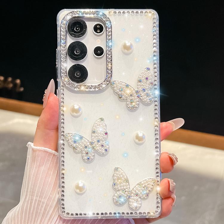 Funda para Samsung Galaxy S23 Ultra 5G con diseño de mariposa, con purpurina y diamantes, a prueba de golpes (blanca)