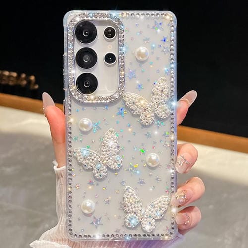 Funda para Samsung Galaxy S23 Ultra 5G con diseño de mariposas y purpurina de diamante en cuatro esquinas (estrellas transparentes)