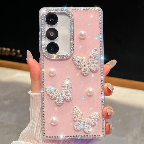 Funda para Samsung Galaxy A07 5G con diseño de mariposa, con purpurina y diamantes, a prueba de golpes (rosa claro)