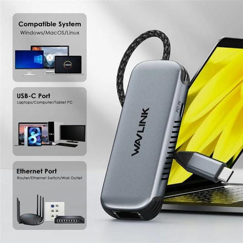 Adaptador USB-C a Ethernet RJ45 WAVLINK NWU340GD 5 Gbps con puerto de carga 95 W