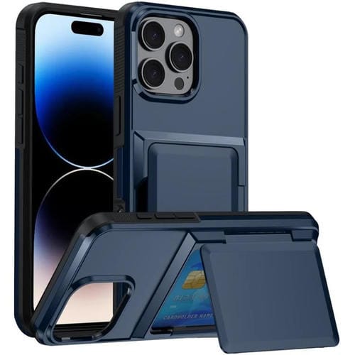 Funda a prueba de golpes con tarjetero y tapa Kalebol para iPhone 15 Pro Max (azul)
