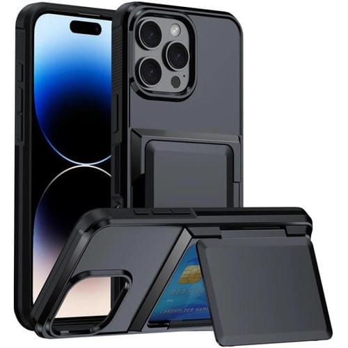 Funda a prueba de golpes con tarjetero y tapa Kalebol para iPhone 14 Pro Max (negra)