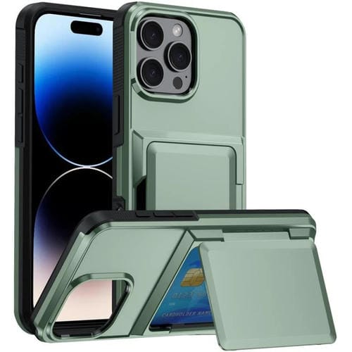 Funda a prueba de golpes Kalebol Flip Card Wallet para iPhone 13 Pro (verde militar)