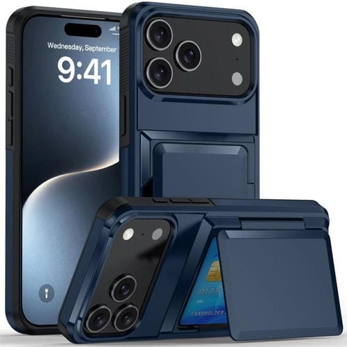 Funda abatible para iPhone 17 Pro, con tarjetero, a prueba de golpes (azul)