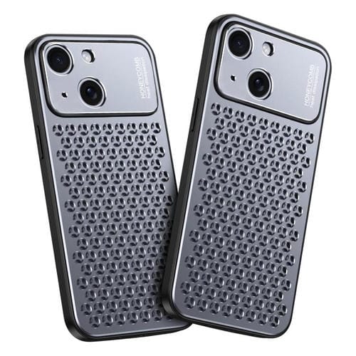 Funda hueca transpirable y refrescante de metal Kalebol para iPhone 15 Plus (gris)
