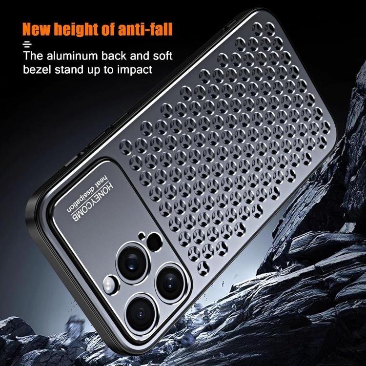 Funda hueca transpirable y refrescante de metal Kalebol para iPhone 14 Pro Max (gris)