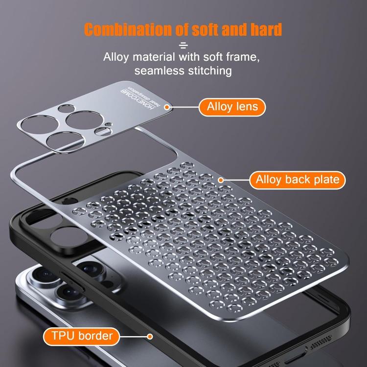 Funda hueca transpirable y refrescante de metal Kalebol para iPhone 15 Pro Max (gris)