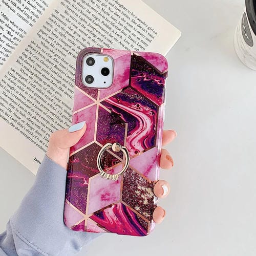 Funda para iPhone 11 Pro Max TPU Plating Patrón Geométrico Mosaico Mármol Anillo Soporte (Magenta)