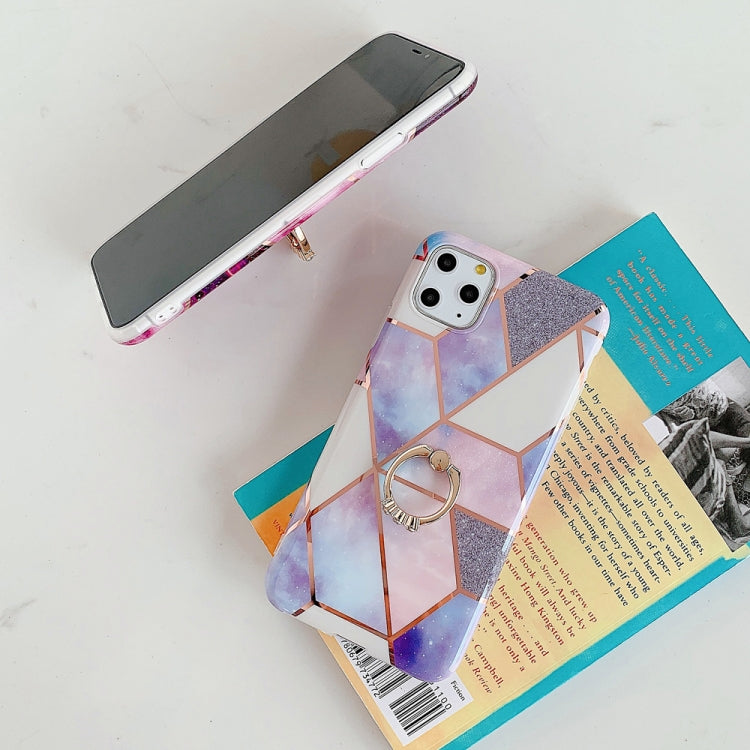 Funda para iPhone 11 Pro Max TPU Plating Patrón Geométrico Mosaico Mármol Anillo Soporte (Magenta)