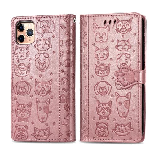 Estuche para iPhone 11 Pro Max Cute Cat And Dog Cuero PU con Tapa Horizontal en Relieve Soporte Ranura Tarjeta Billetera Cordón (Oro Rosa)