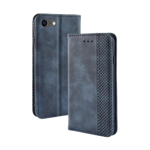 Funda de Cuero iPhone SE 2022 SE 2020 Hebilla Magnética Retro Textura Crazy Horse Tapa Horizontal Soporte Ranuras Tarjetas Marco Fotos (Azul)