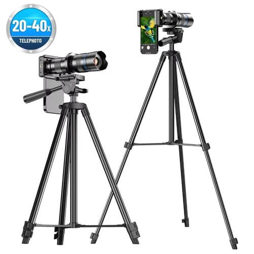 APEXEL APL-20-40XCR50 Kit de lente con zoom para teléfono (20-40X) y trípode ajustable de 42-129 cm, teleobjetivo HD para fotografía de la luna y conciertos.