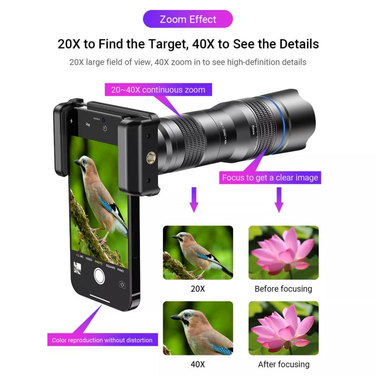 APEXEL APL-20-40XCR50 Kit de lente con zoom para teléfono (20-40X) y trípode ajustable de 42-129 cm, teleobjetivo HD para fotografía de la luna y conciertos.