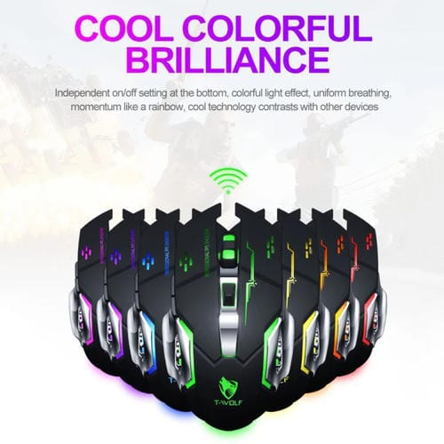 Ratón inalámbrico para juegos T-Wolf Q13 2,4 GHz con 6 teclas y luz RGB (Negro) modo dual