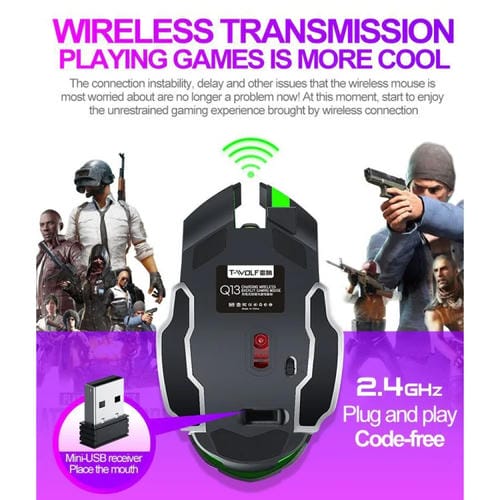Ratón inalámbrico para juegos T-Wolf Q13 2,4 GHz con 6 teclas y luz RGB (Negro) modo dual