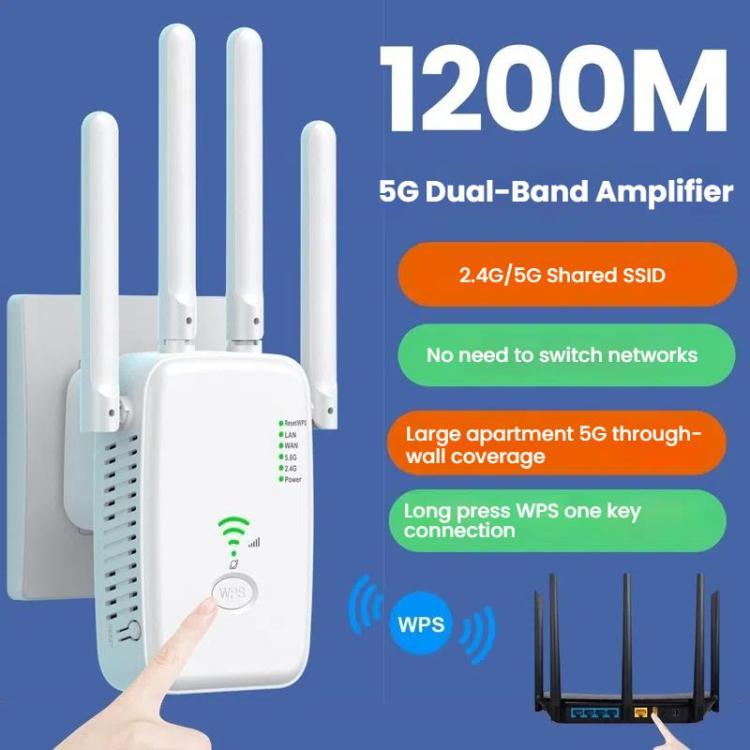Repetidor Inalámbrico Urant U11 1200 Mbps 2,4 G y 5,8 G Amplificador Señal WIFI Compatible WPS Enchufe Europeo (Blanco)