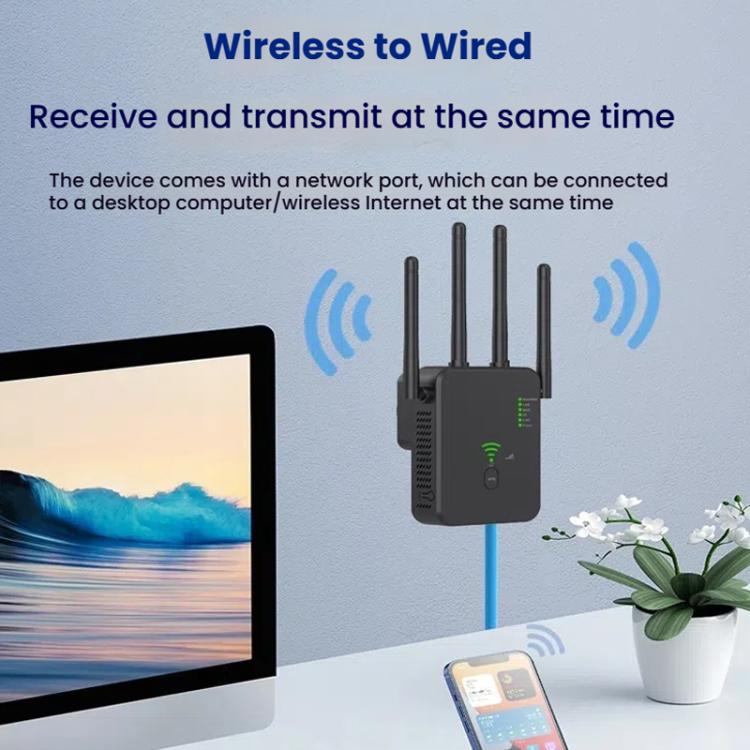 Repetidor Inalámbrico Urant U10 1200 Mbps 2,4 G y 5,8 G Amplificador Señal WIFI 4 Antenas Enchufe Estadounidense (Negro)