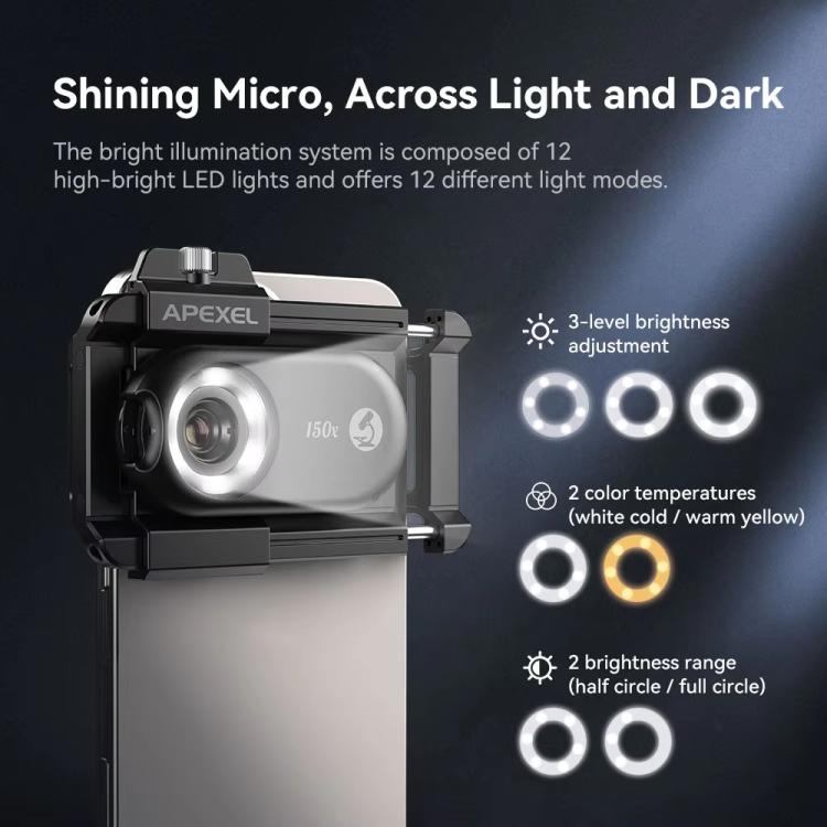 Microscopio portátil Apexel Apl-Ms150 150X con Lente para teléfono celular y luces Led/Uv (Negro)