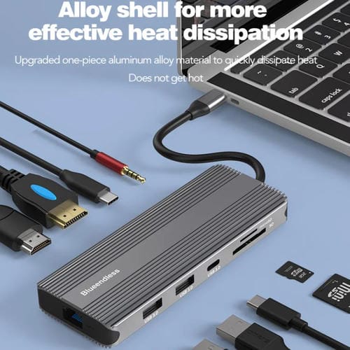 Estación de Acoplamiento Tipo C 10 en 1 Blueendless Red Gigabit HD con DP y HDMI Dual 8K