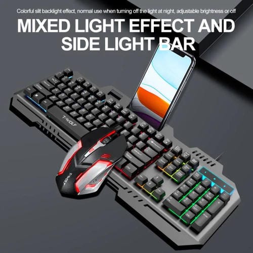 Combo Teclado y Ratón T-Wolf TF600 Retroiluminado con Cable 104 Teclas Panel Metálico Soporte para Teléfono (Negro)