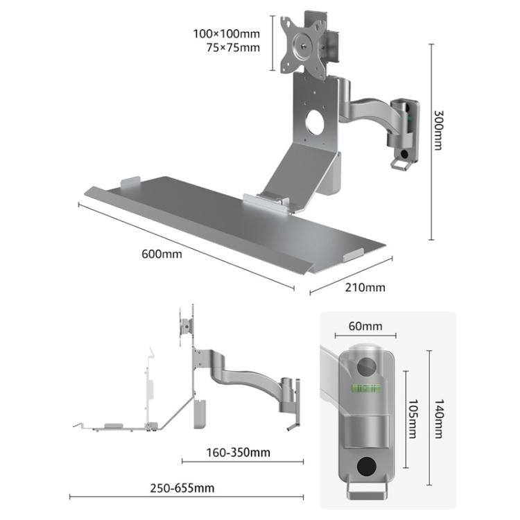 Soporte para monitor WKS-2 montaje en pared con bandeja para mouse y teclado (Negro)