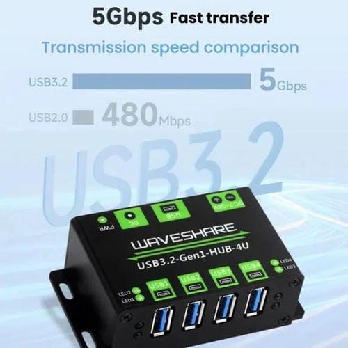 Hub USB WAVESHARE USB 3.2 Gen1 4 vías extensor carcasa metálica (Plata)