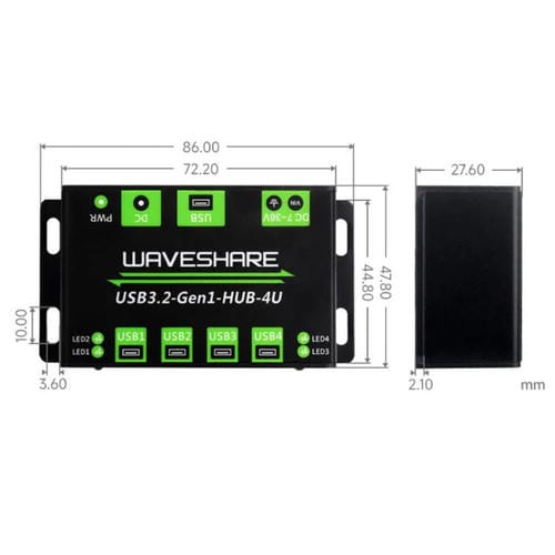 Hub USB WAVESHARE USB 3.2 Gen1 4 vías extensor carcasa metálica (Plata)