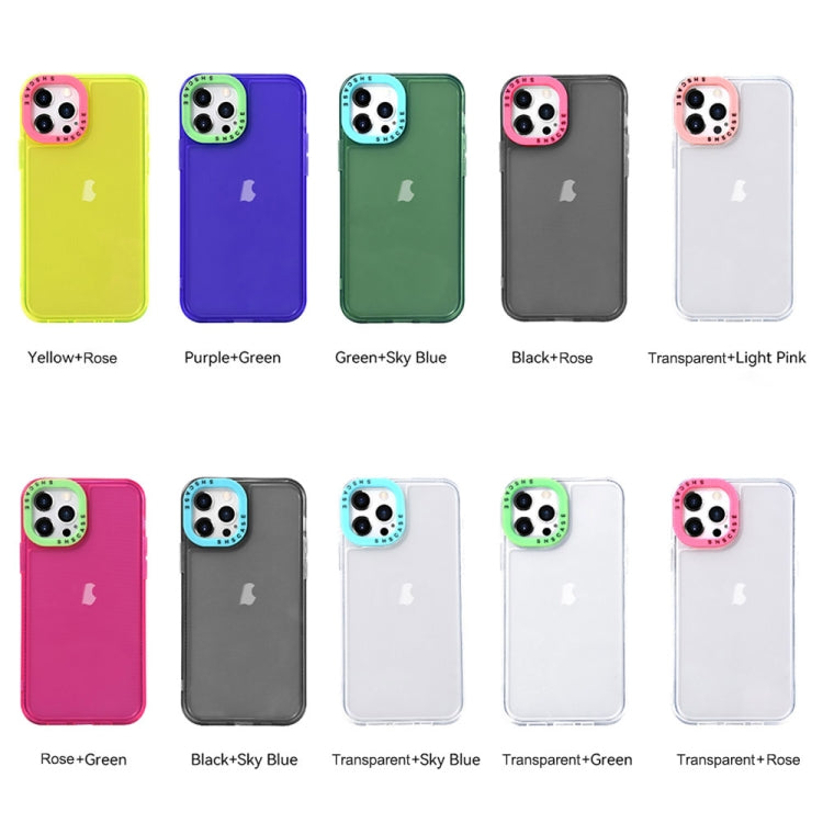 Para iPhone 15 Caja de Teléfono de TPU Transparente con Marco de Lente de Contraste de Color (Rojo Rosa + Verde) - MOVILSTORE