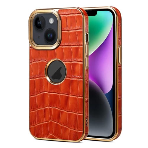 Para iPhone 15 Denior Funda para Teléfono con Galvanoplastia de Cuero Genuino con Textura de Cocodrilo (Marrón Moca) - MOVILSTORE