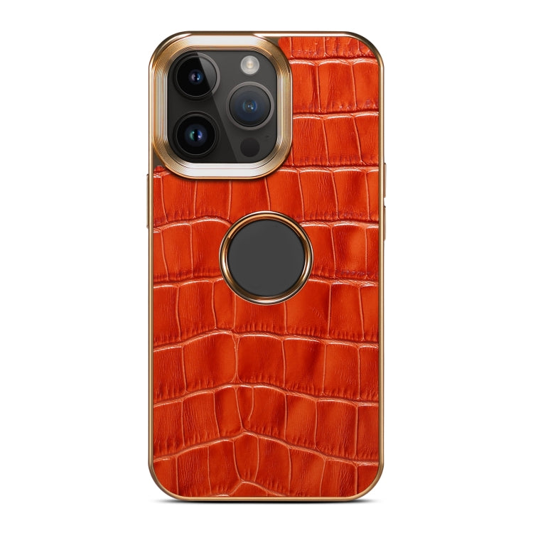 Para iPhone 15 Denior Funda para Teléfono con Galvanoplastia de Cuero Genuino con Textura de Cocodrilo (Marrón Moca) - MOVILSTORE