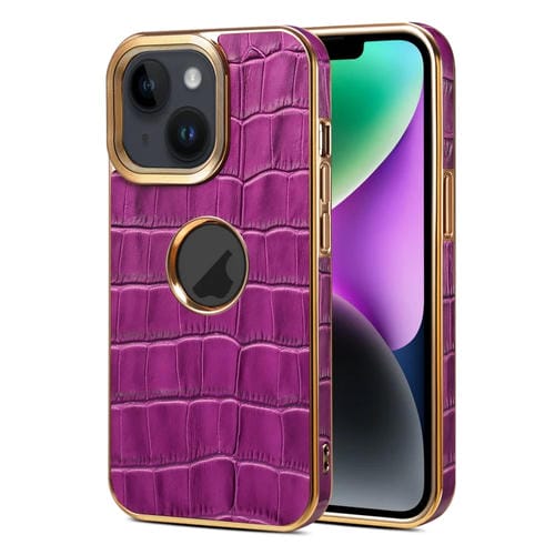 Para iPhone 15 Denior Funda para Teléfono con Galvanoplastia de Cuero Genuino con Textura de Cocodrilo (Púrpura) - MOVILSTORE