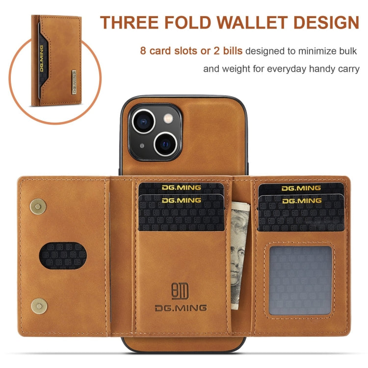 Para iPhone 15 Dg.Ming M2 Series Funda de Cuero para Teléfono con Bolsa para Tarjetas de 3 Pliegues (Marrón) - MOVILSTORE