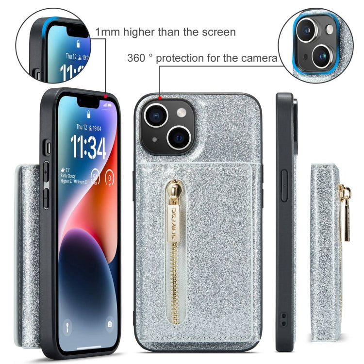 Para iPhone 15 Dg.Ming M3 Series Glitter Powder Card Bag Funda de Cuero para Teléfono (Plata) - MOVILSTORE