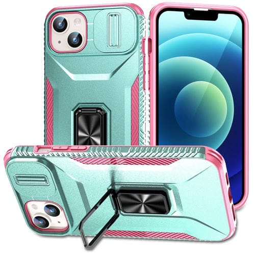 Para iPhone 15 Estuche para Teléfono con Soporte Deslizante para Levas (Gris Verde + Rosa) - MOVILSTORE