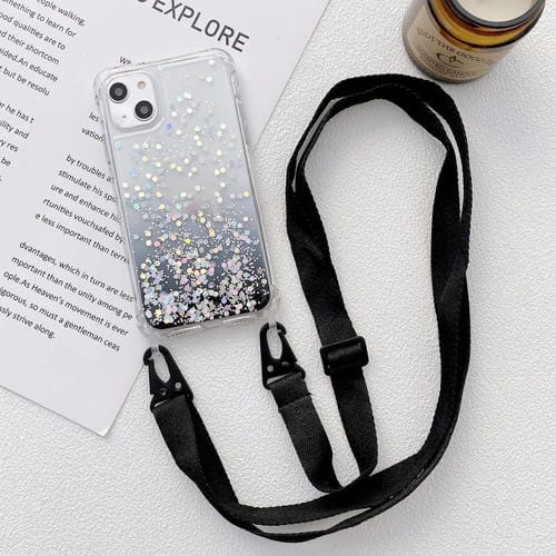 Para iPhone 15 Estuche para Teléfono de Acrílico Engrosado de TPU Epoxi con Brillo Degradado y Cordón Ancho (Negro) - MOVILSTORE