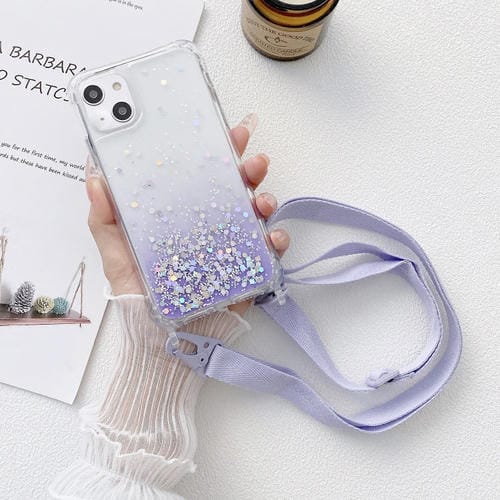 Para iPhone 15 Estuche para Teléfono de Acrílico Engrosado de TPU Epoxi con Brillo Degradado y Cordón Ancho (Púrpura) - MOVILSTORE