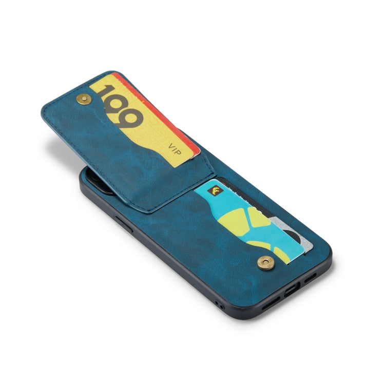 Para iPhone 15 Fierre Shann Crazy Horse Titular de la Tarjeta Contraportada Funda para Teléfono Pu (Azul) - MOVILSTORE