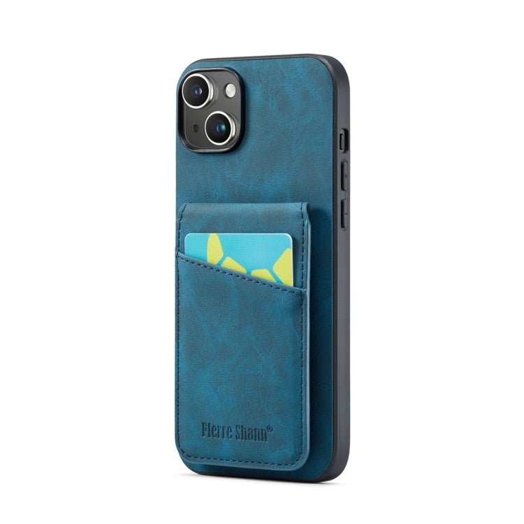 Para iPhone 15 Fierre Shann Crazy Horse Titular de la Tarjeta Contraportada Funda para Teléfono Pu (Azul) - MOVILSTORE