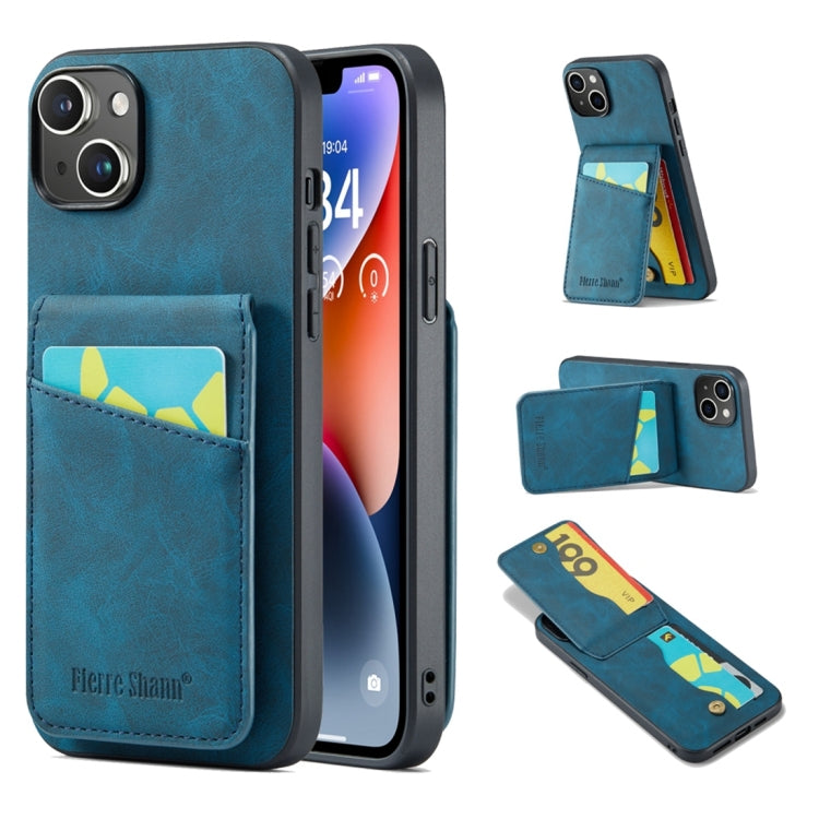Para iPhone 15 Fierre Shann Crazy Horse Titular de la Tarjeta Contraportada Funda para Teléfono Pu (Azul) - MOVILSTORE