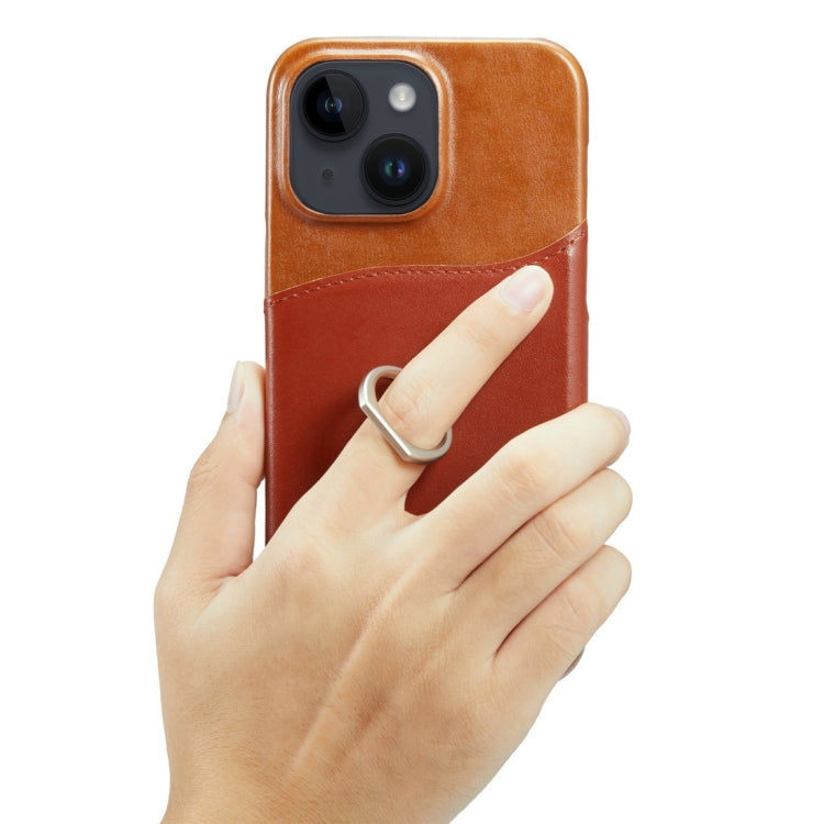 Para iPhone 15 Fierre Shann Oil Wax Texture Funda para Teléfono con Contraportada de Cuero Genuino (Marrón) - MOVILSTORE
