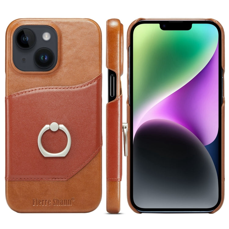 Para iPhone 15 Fierre Shann Oil Wax Texture Funda para Teléfono con Contraportada de Cuero Genuino (Marrón) - MOVILSTORE