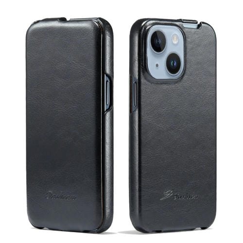 Para iPhone 15 Fierre Shann Oil Wax Texture Funda para Teléfono Pu con Tapa Vertical (Negro) - MOVILSTORE