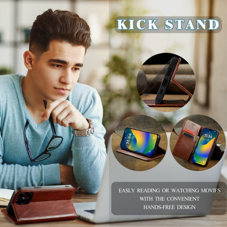 Para iPhone 15 Fierre Shann Vintage Bark Texture Wallet Funda de Cuero para Teléfono (Marrón) - MOVILSTORE