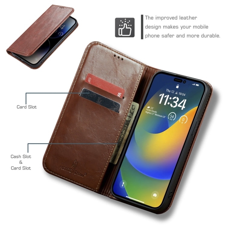Para iPhone 15 Fierre Shann Vintage Bark Texture Wallet Funda de Cuero para Teléfono (Marrón) - MOVILSTORE