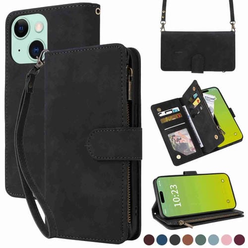 Para iPhone 15 Funda Cruzada de Cuero con Cremallera y Ranura para Múltiples Tarjetas para Teléfono (Negro) - MOVILSTORE
