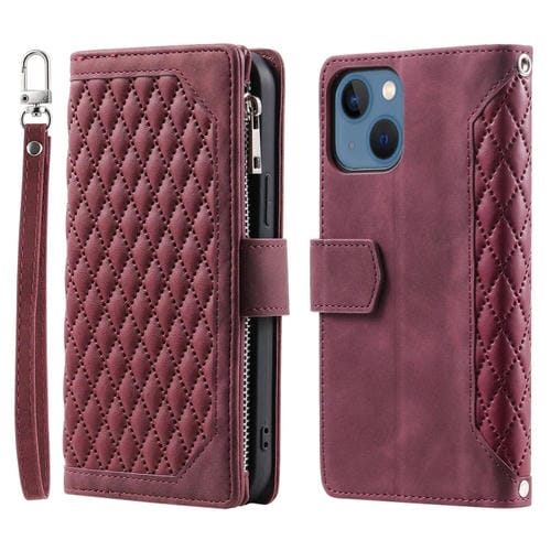 Para iPhone 15 Funda de Cuero con Cremallera y Textura de Rejilla con Cordón (Rojo Vino) - MOVILSTORE