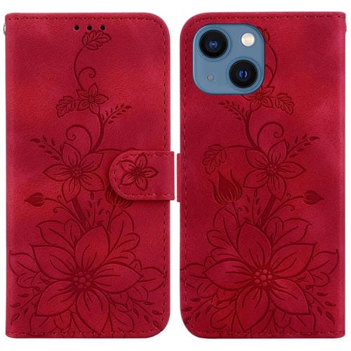 Para iPhone 15 Funda de Cuero con Relieve Lily (Rojo) - MOVILSTORE