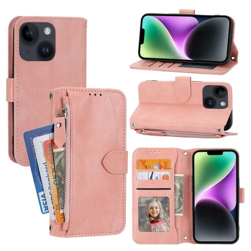 Para iPhone 15 Funda de Cuero para Teléfono con Billetera con Cremallera y Piel de Aceite (Rosa) - MOVILSTORE