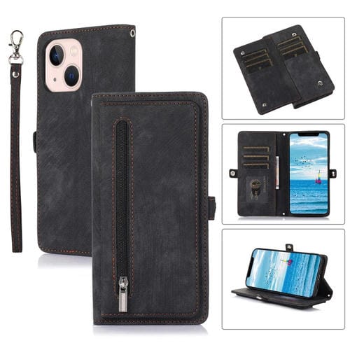 Para iPhone 15 Funda de Cuero para Teléfono con Billetera con Hebilla y Ranura para Tarjeta con Cremallera (Negro) - MOVILSTORE